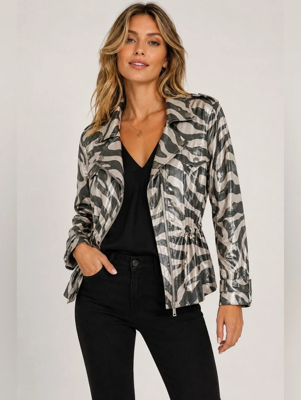 Berek Metallic Zebra Print Utility Moto Jacket Size Small Silver Black